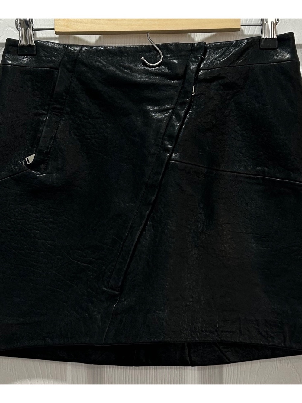 Vintage Shipley & Holmes Y2K Black Leather Lined Mini Skirt Size Small Front Zip